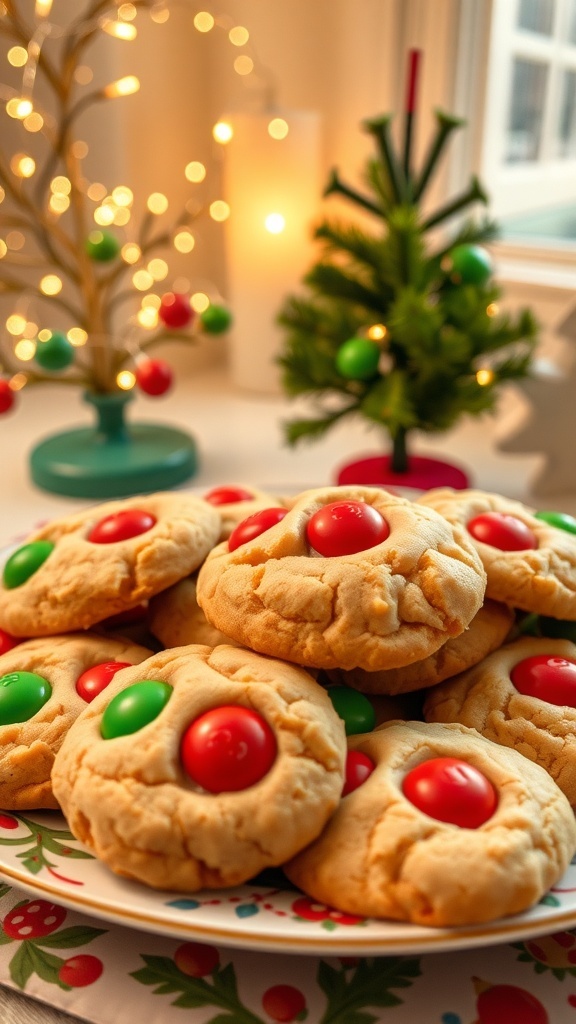 A festive plate of Christmas M&M cookies with red and green candies, surrounded by holiday decorations.